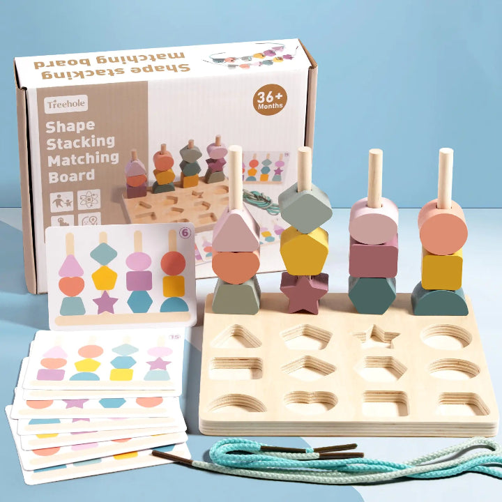 Toddler learning shapes with wooden puzzle board
